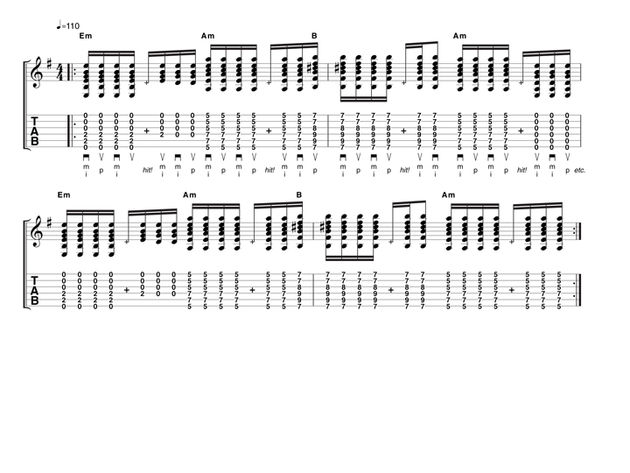 blank The key to this example is to tackle it one bar at a time. Pay careful attention to the strumming directions under the notation and aim for a relaxed flowing action.